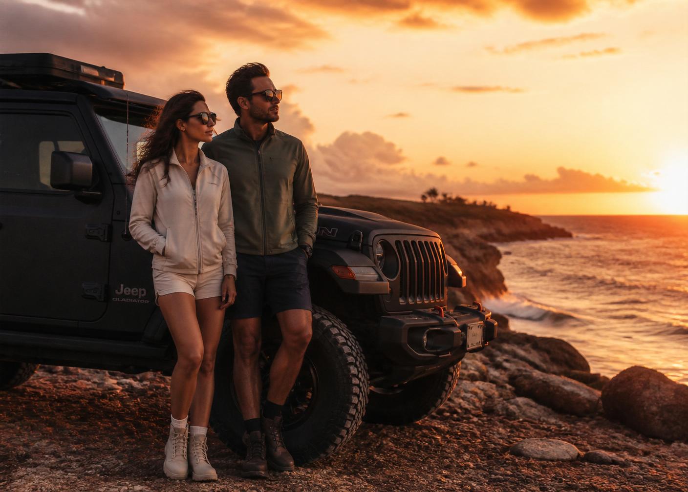 A couple at sunset beside The Beast on the Aruba coast